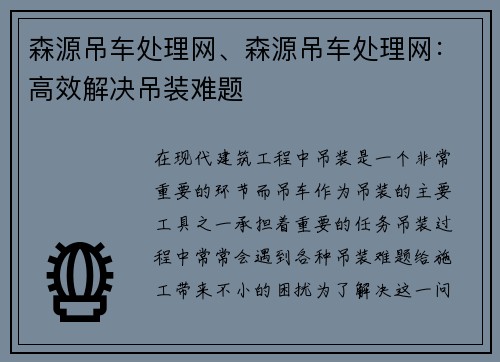 森源吊车处理网、森源吊车处理网：高效解决吊装难题